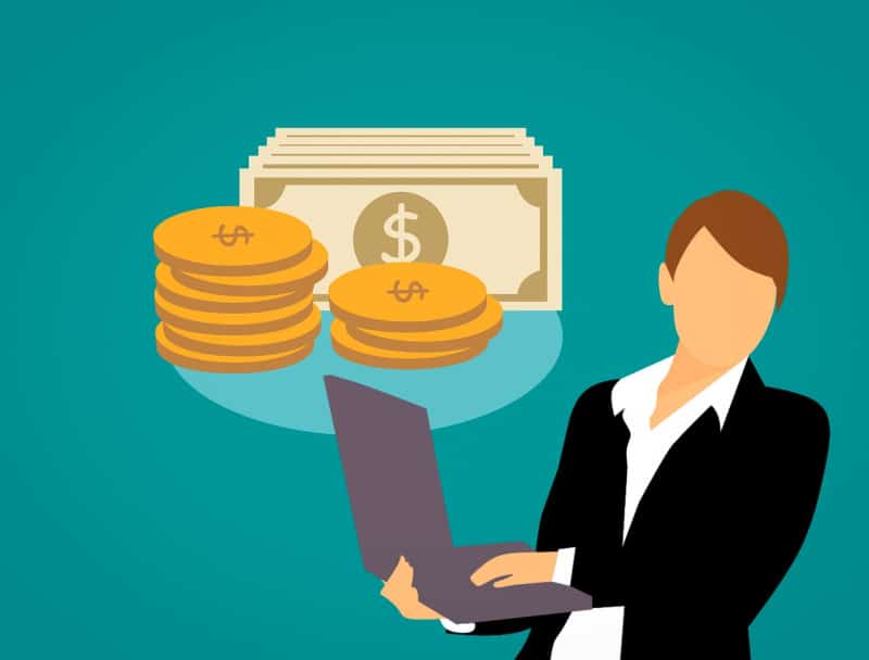 a clipart woman holding a laptop and money 